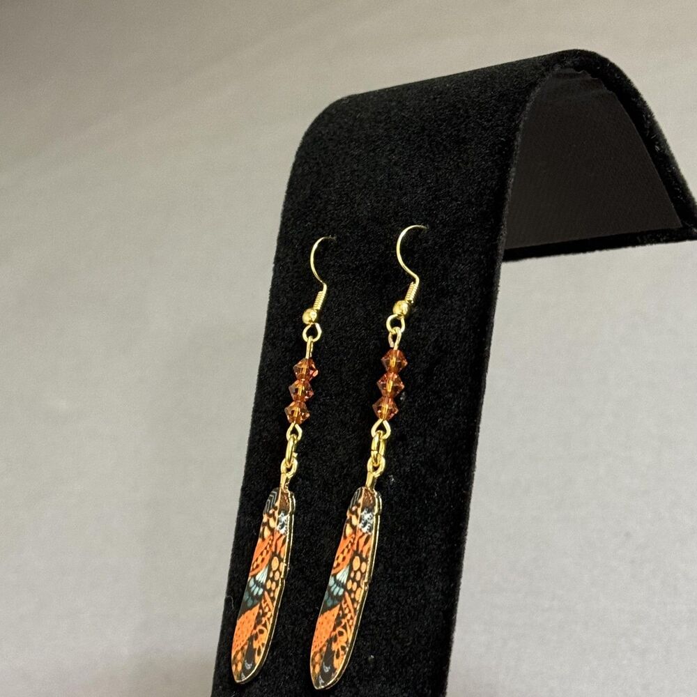 Gold Tone Orange Butterfly Dangle Drop Earrings Womens Glass Enamel Jewelry - Picture 4 of 7